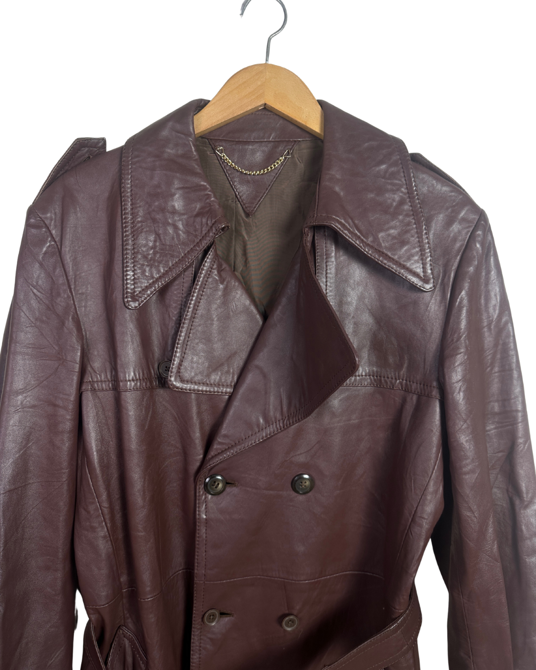 Vintage Brown Double Breasted Genuine Leather Trench Coat - Large