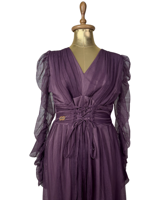 Vintage Purple Sheer Evening Gown -  Ruffled Sleeves & Corset Waist