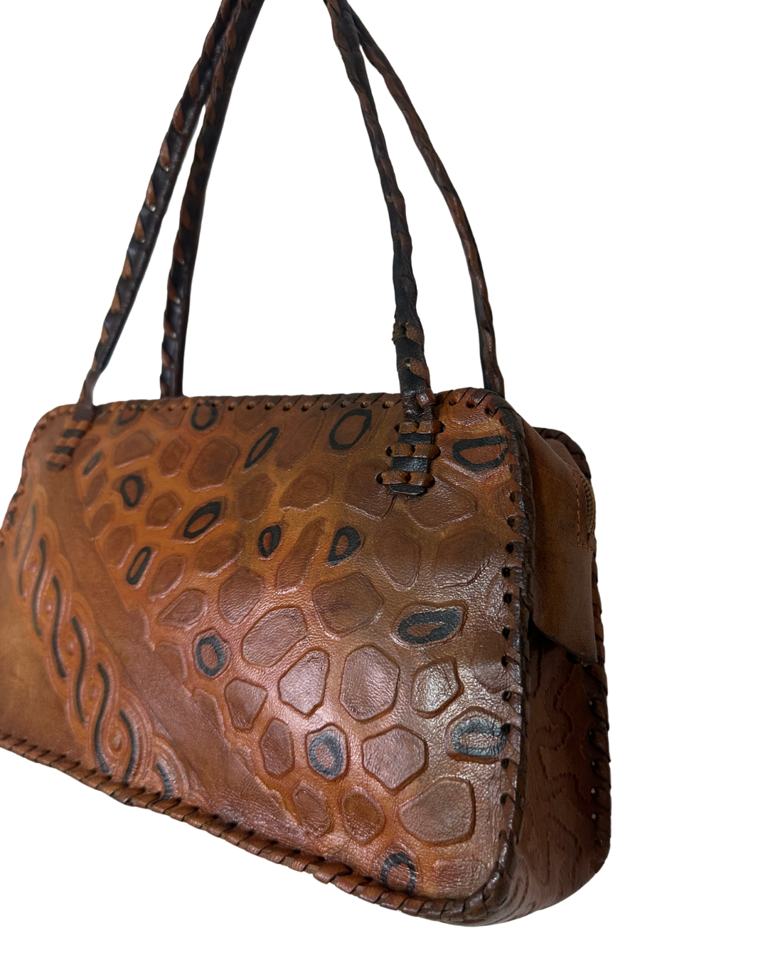 Vintage 70s Whipstitch Embossed Brown Genuine Leather Handbag