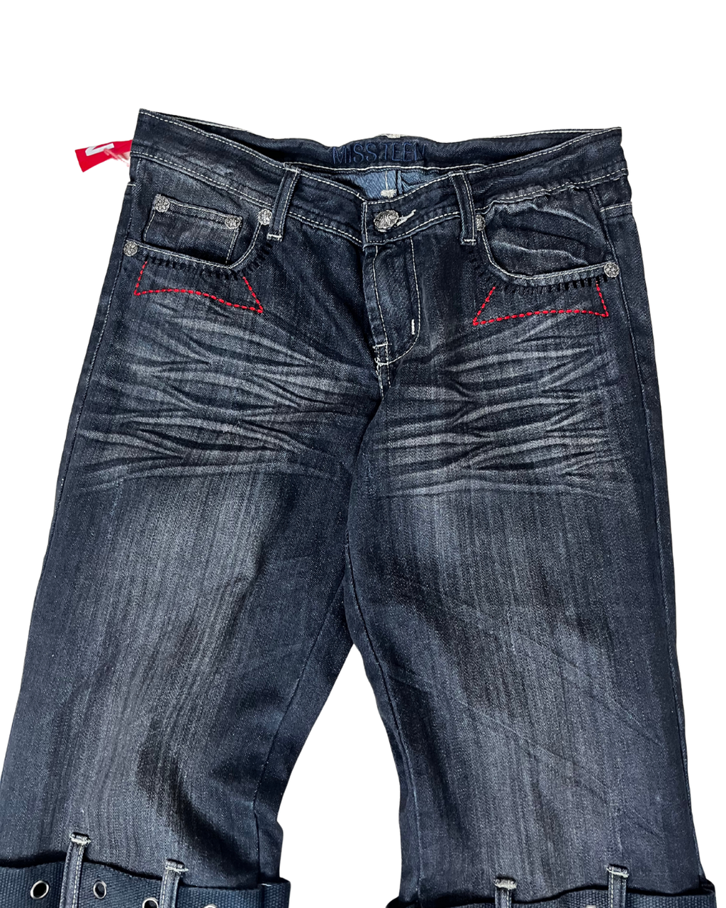 Miss Teen Y2K Dark Wash Jeans with Knee Buckles & Back Zippers
