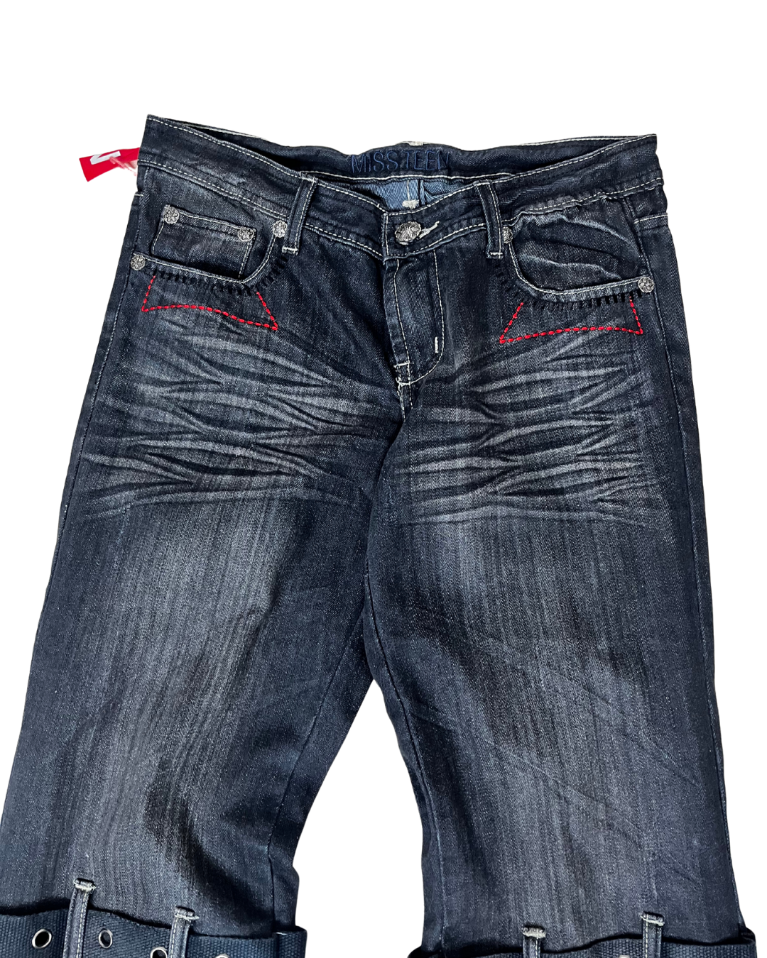 Miss Teen Y2K Dark Wash Jeans with Knee Buckles & Back Zippers
