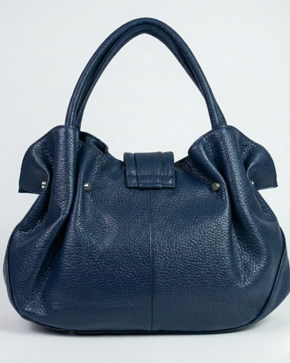 Vintage Navy Genuine Leather Slouchy Ruched Shoulder Bag