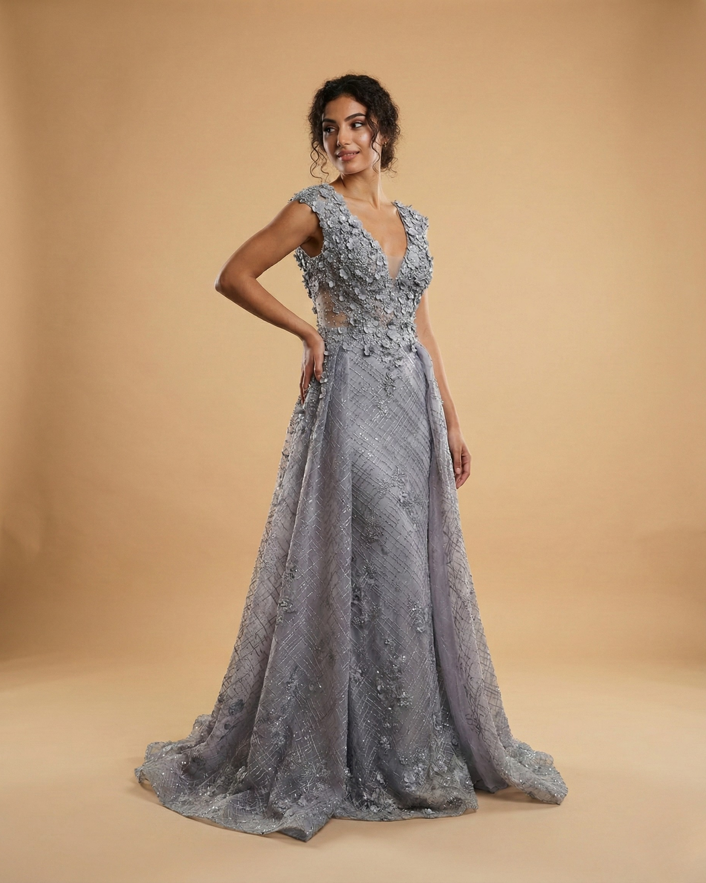Lavender Embellished Mesh Gown with 3D Floral Appliqué & Flowing Train