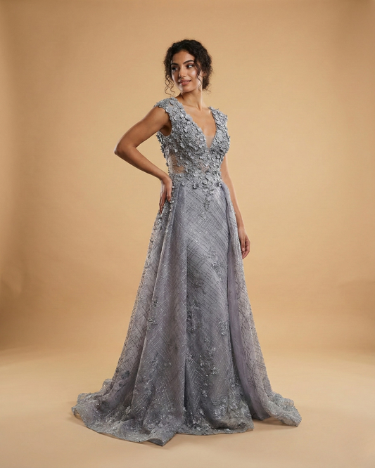 Lavender Embellished Mesh Gown with 3D Floral Appliqué & Flowing Train