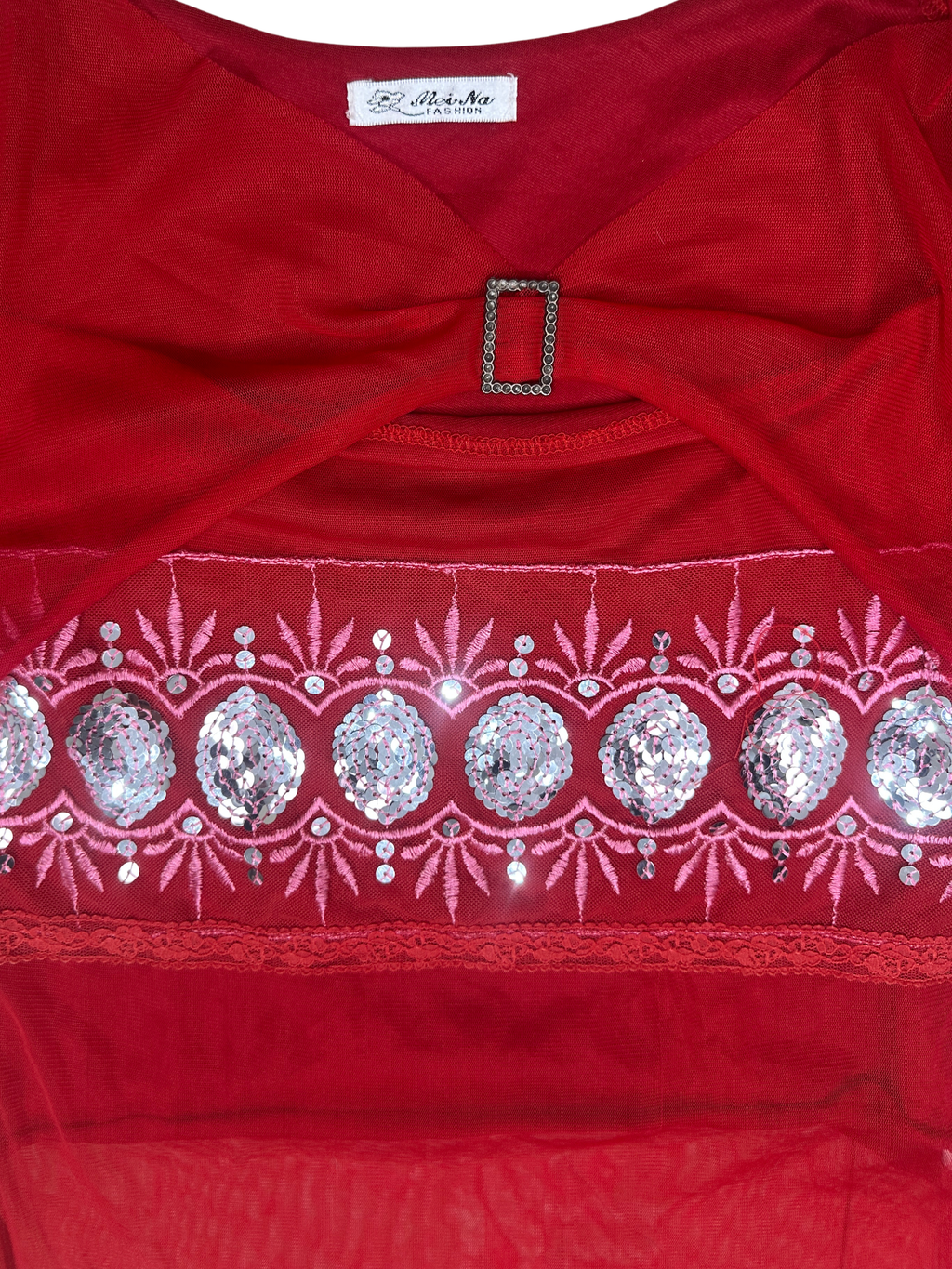 2K Mei Na Red Mesh Top with Sequin & Rhinestone Buckle