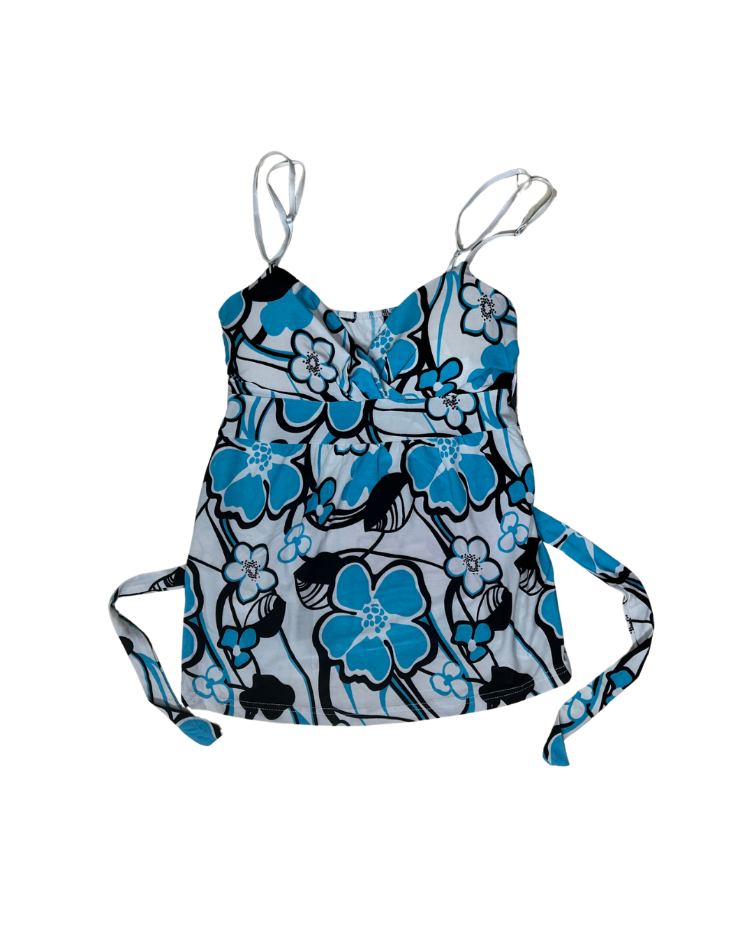 Y2K Blue Tropical Floral Padded Cami Top w/ Back Tie - Small