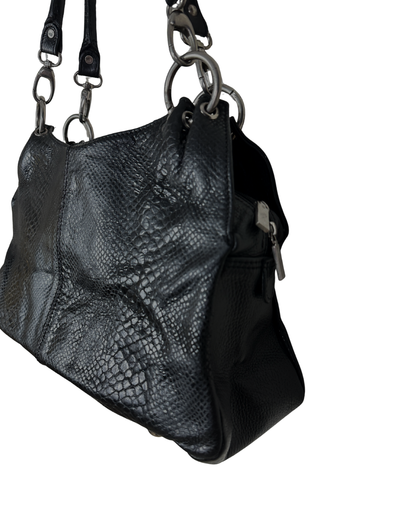 Vintage Black Leather Snake-Embossed Shoulder Bag