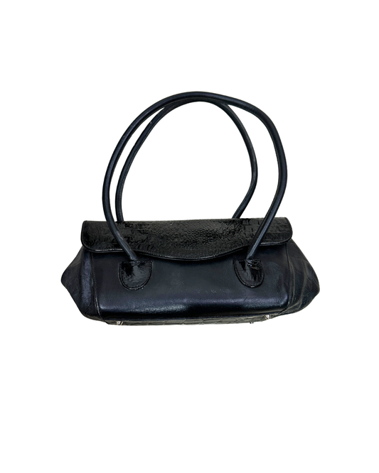 Vintage Genuine Leather Croc-Detail Baguette Bag