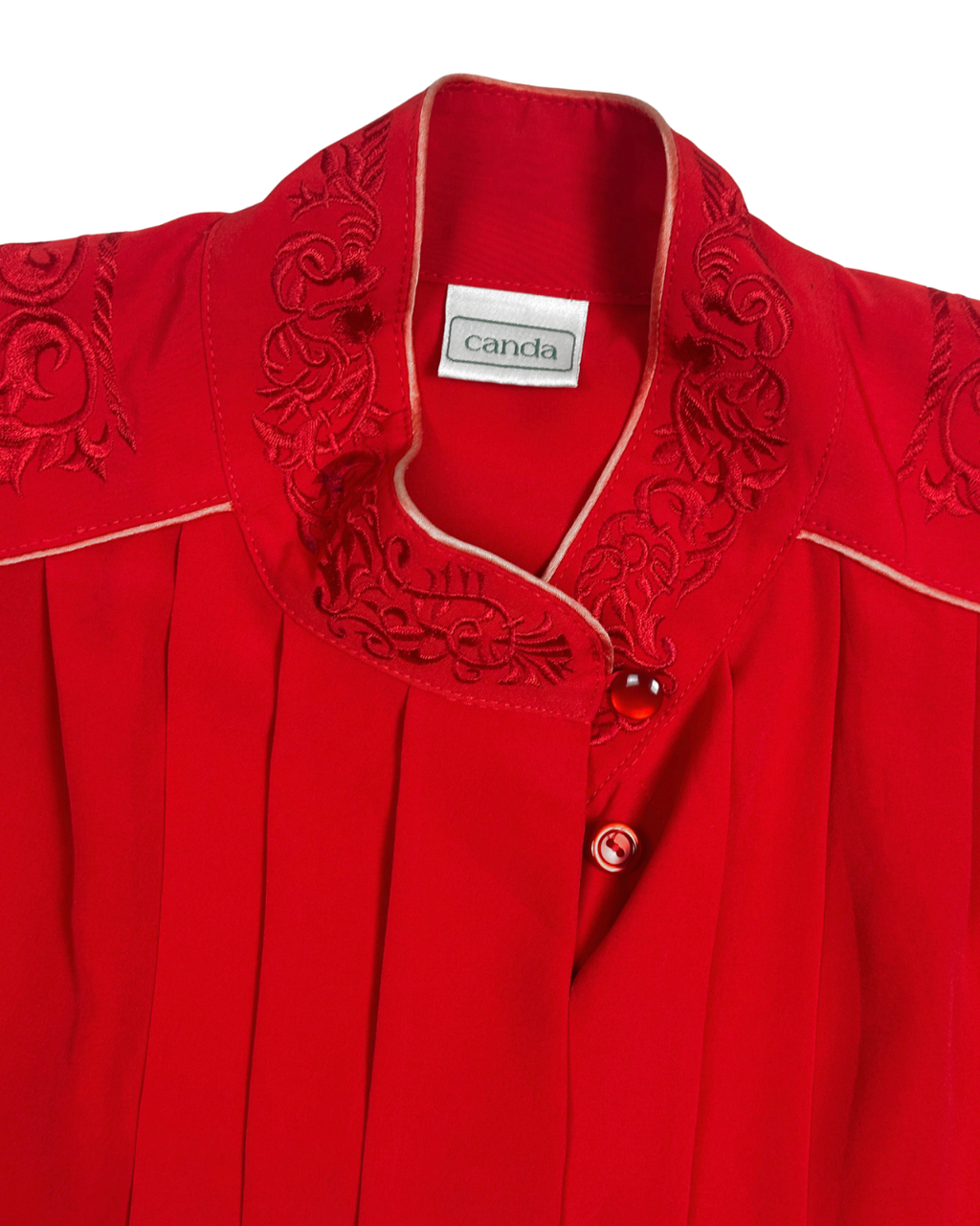 Vintage Canda Red Embroidered Pleated Blouse