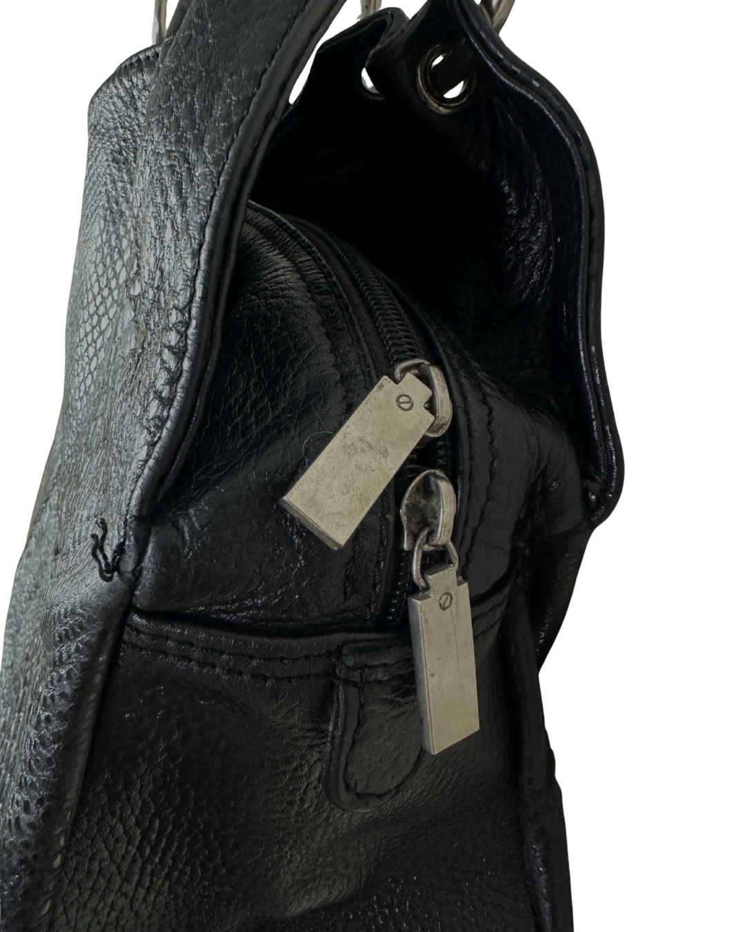 Vintage Black Leather Snake-Embossed Shoulder Bag