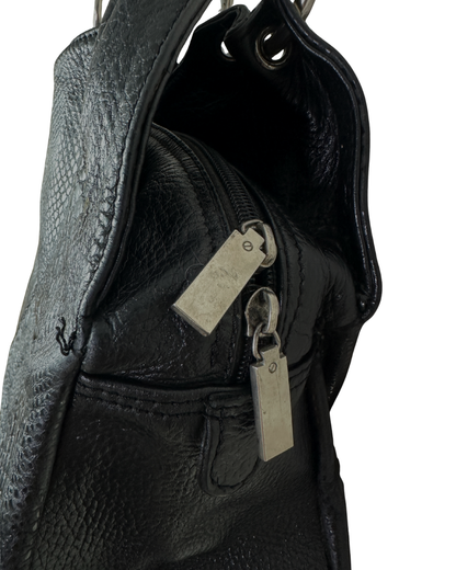 Vintage Black Leather Snake-Embossed Shoulder Bag