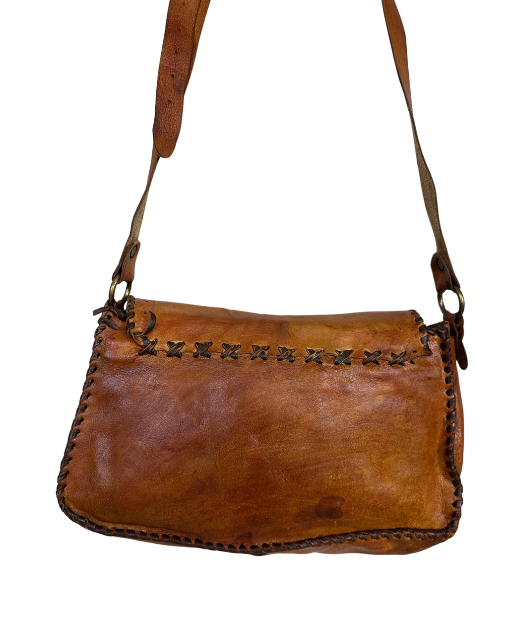 Handmade Brown Whipstitch Genuine Leather Shoulder Bag with Flower Detail