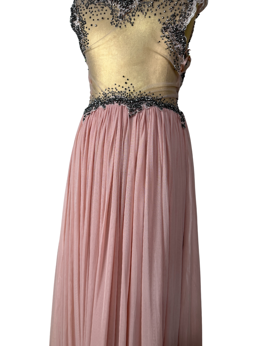 Pink Evening Gown with Sheer Beaded Bodice & Back
