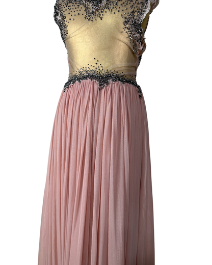 Pink Evening Gown with Sheer Beaded Bodice & Back