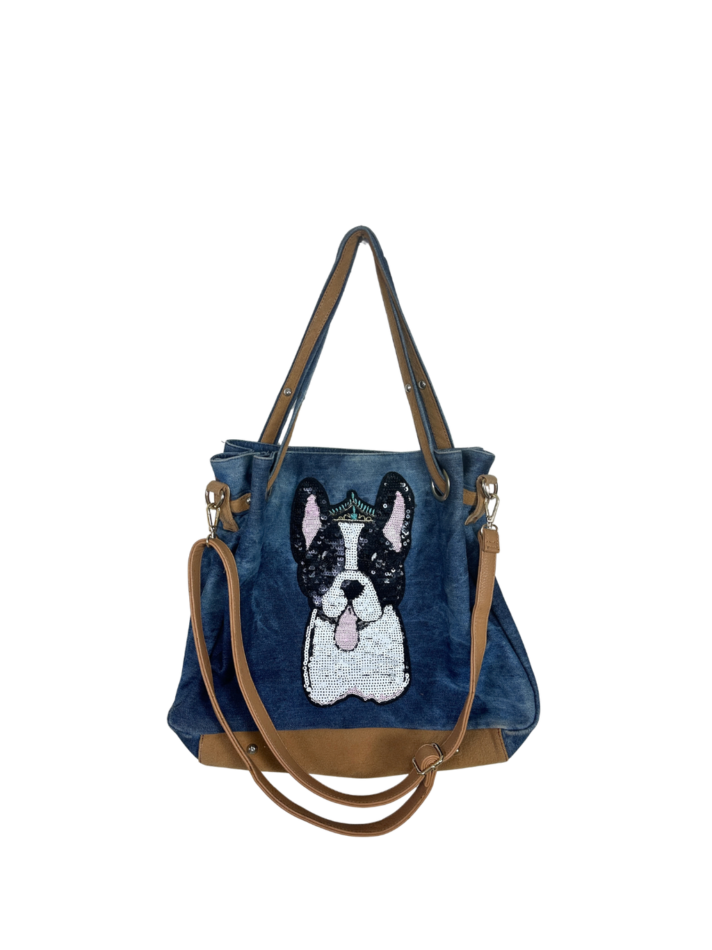 Sequined French Bulldog Large Denim Tote Bag