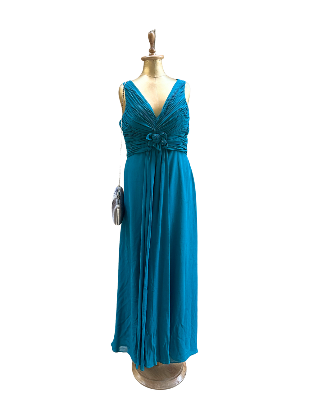 Crystal Breeze Teal Ruched V-Neck Maxi Dress