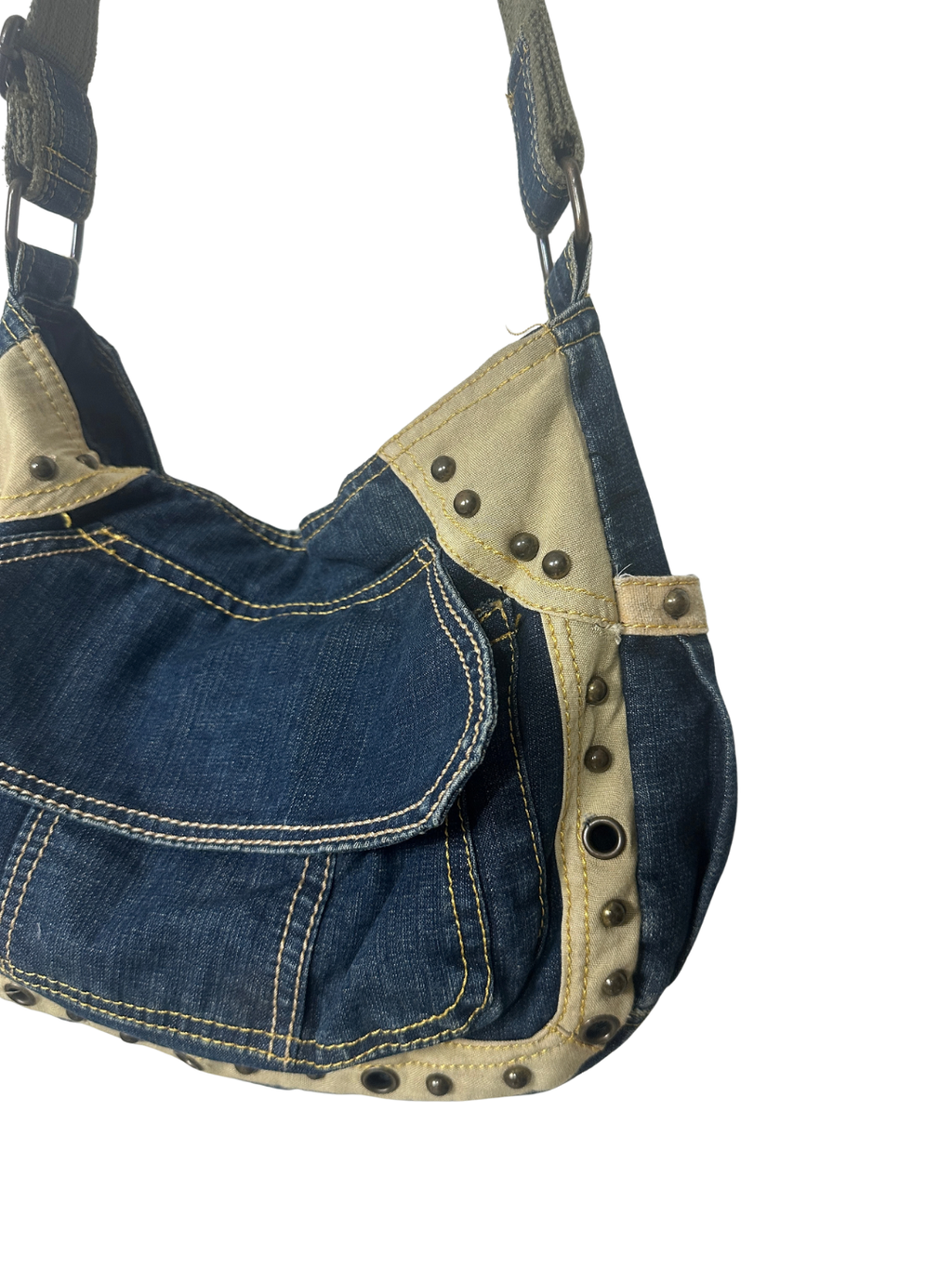 Y2K Grunge Denim Shoulder Bag with Grommet Details