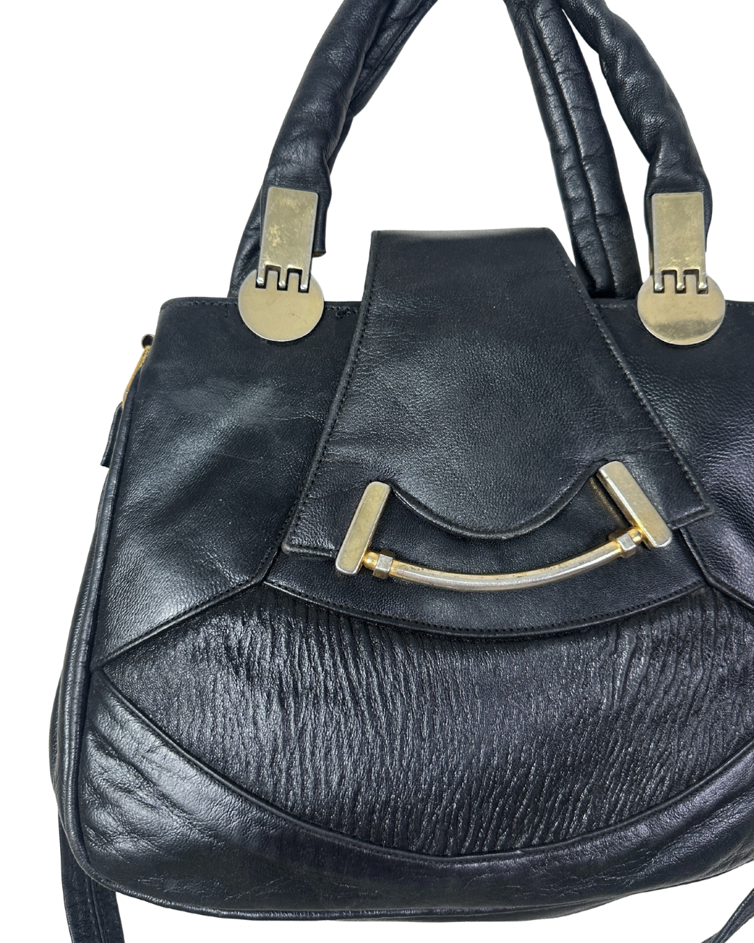 Vintage Black Genuine Leather Handbag with Dual Handles & Shoulder Strap