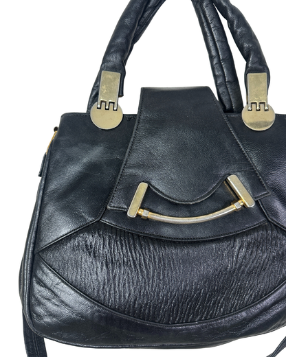 Vintage Black Genuine Leather Handbag with Dual Handles & Shoulder Strap