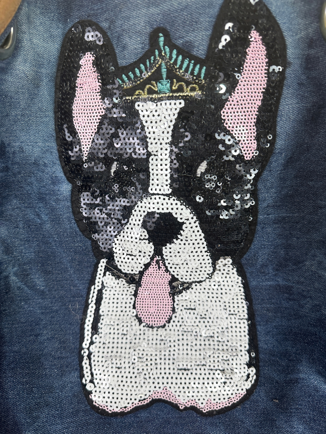Sequined French Bulldog Large Denim Tote Bag