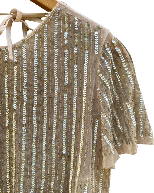 Tulle Sheer Sequinned & Beaded Open Back Crop Top