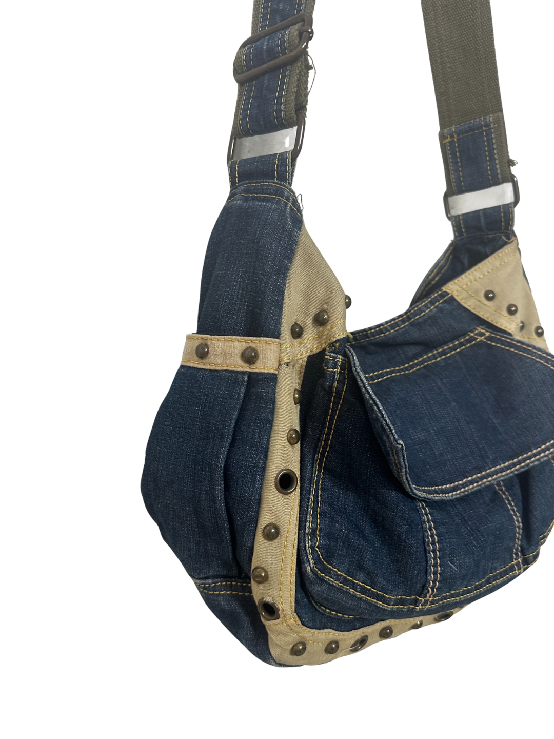 Y2K Grunge Denim Shoulder Bag with Grommet Details