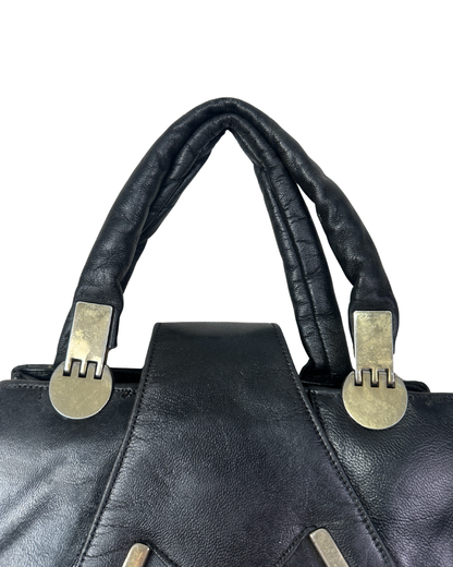Vintage Black Genuine Leather Handbag with Dual Handles & Shoulder Strap