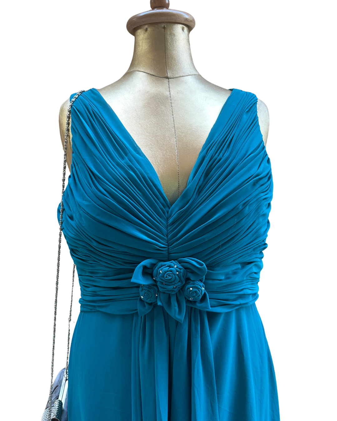 Crystal Breeze Teal Ruched V-Neck Maxi Dress