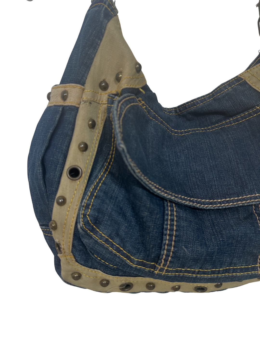 Y2K Grunge Denim Shoulder Bag with Grommet Details