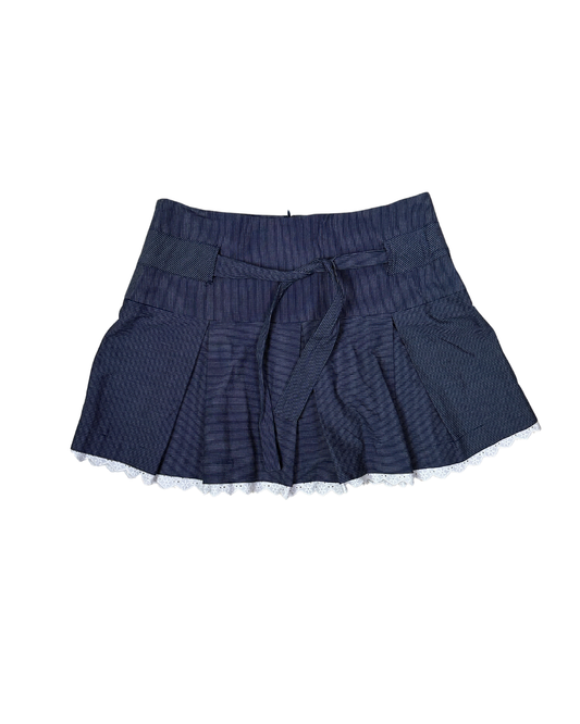 Orsay Striped Pleated Mini Skirt with Waist Tie & Lace Trim
