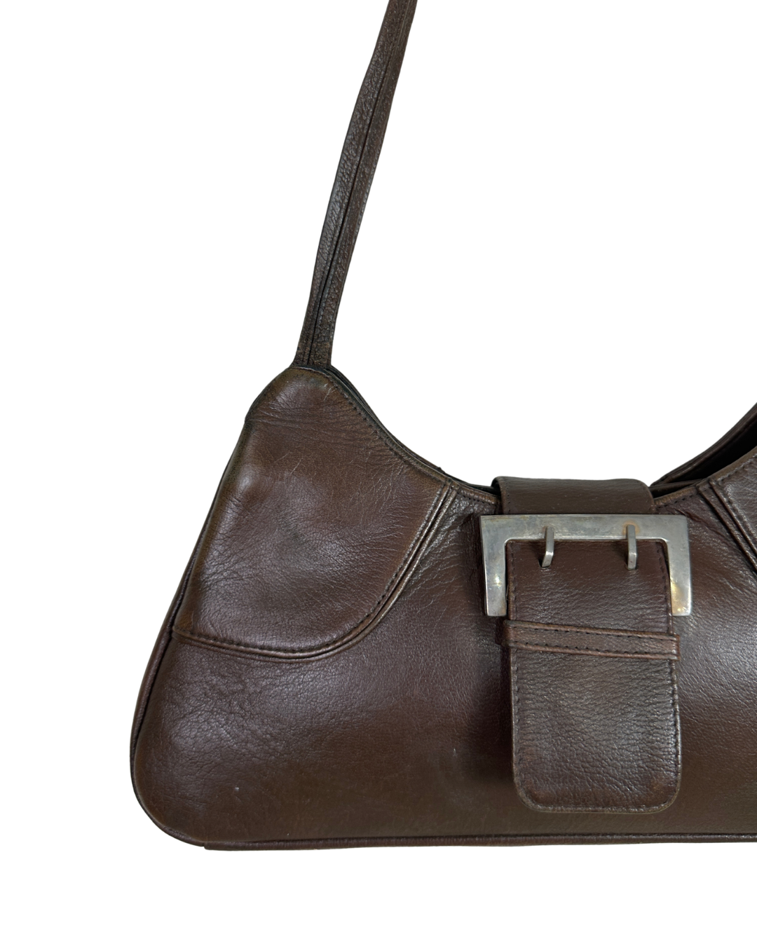 90s Style Chocolate Brown Genuine Leather Baguette Bag