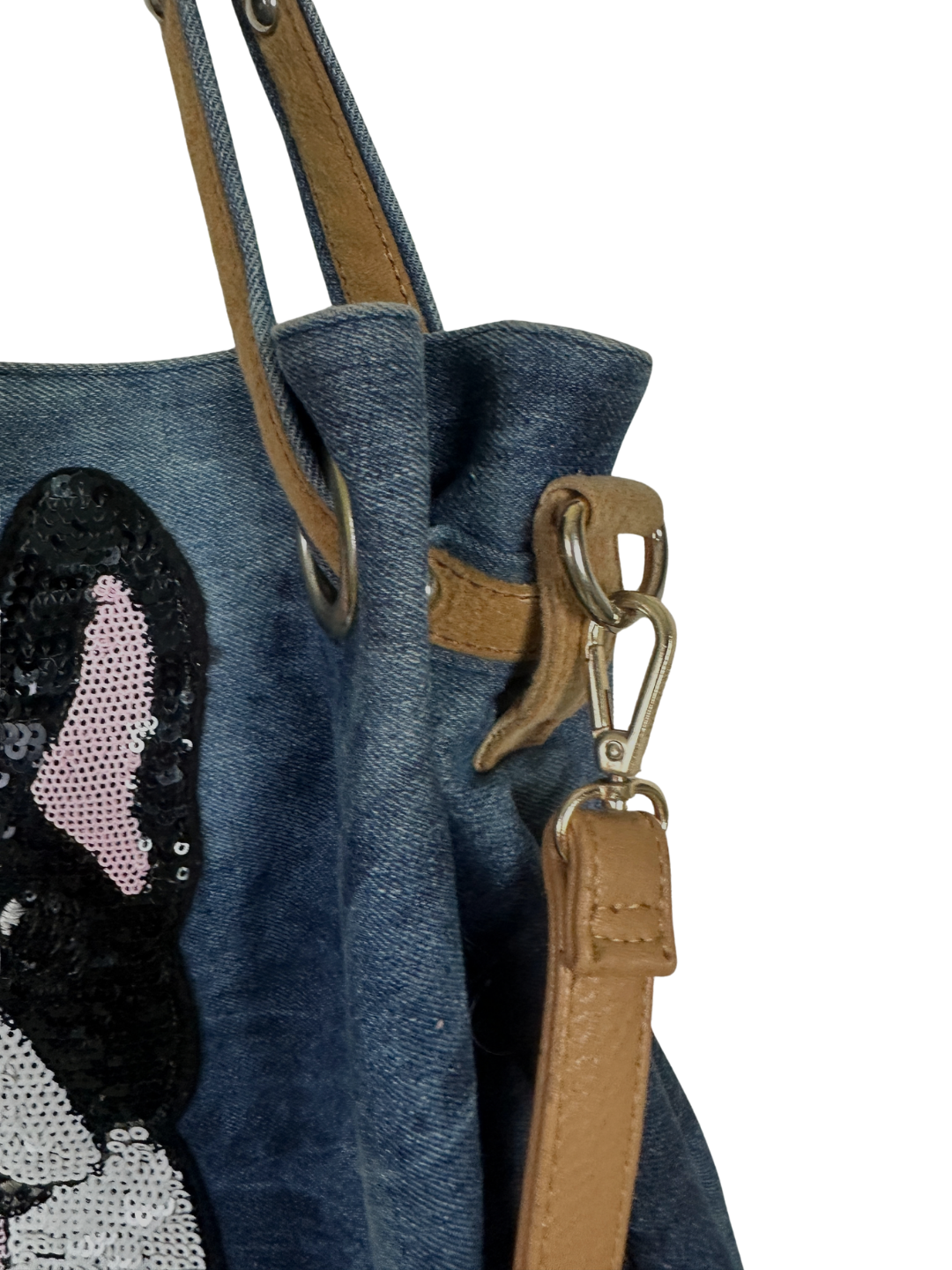Sequined French Bulldog Large Denim Tote Bag