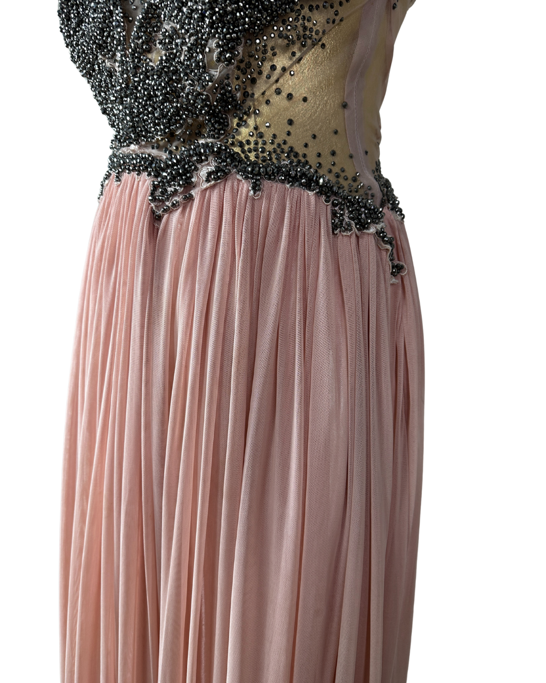 Pink Evening Gown with Sheer Beaded Bodice & Back