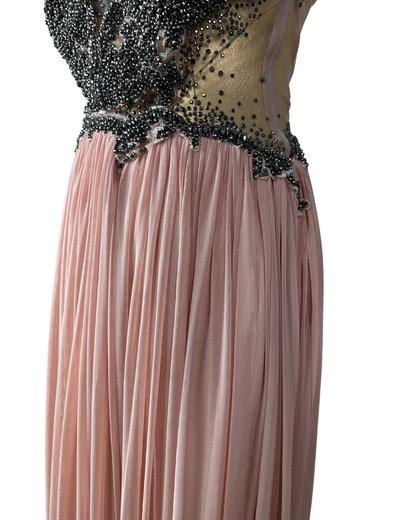 Pink Evening Gown with Sheer Beaded Bodice & Back