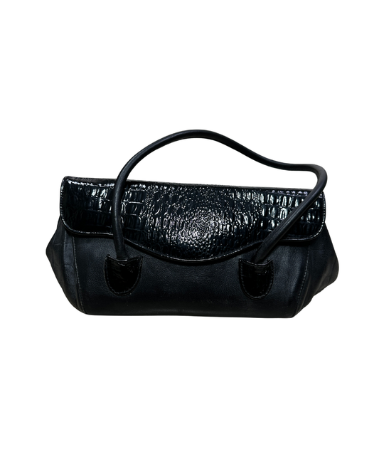 Vintage Genuine Leather Croc-Detail Baguette Bag