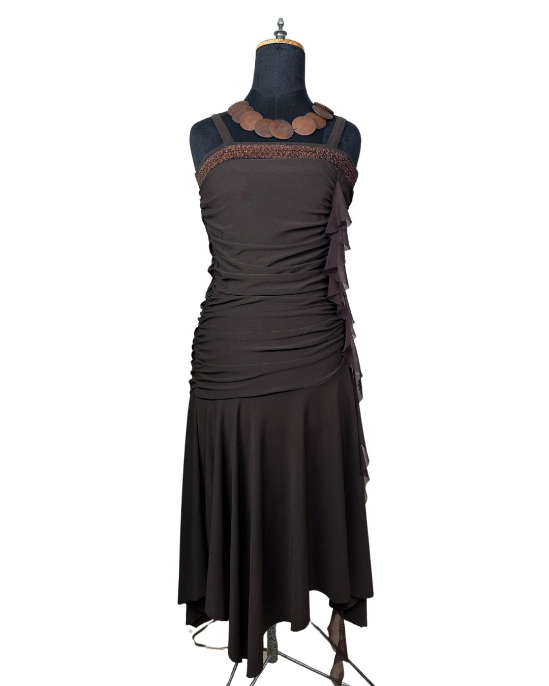 Ruched Brown Midi Dress with Sequin Trim & Ruffle Side Detail