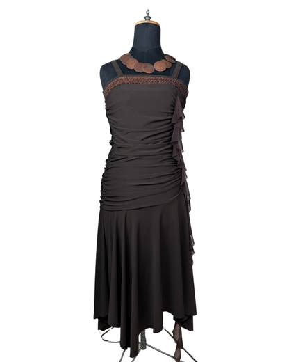 Ruched Brown Midi Dress with Sequin Trim & Ruffle Side Detail