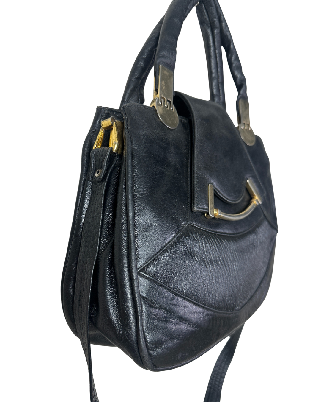 Vintage Black Genuine Leather Handbag with Dual Handles & Shoulder Strap