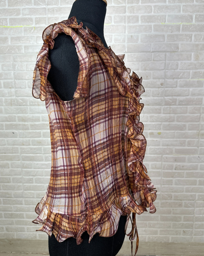 Ruffle Front Plaid Sheer Blouse