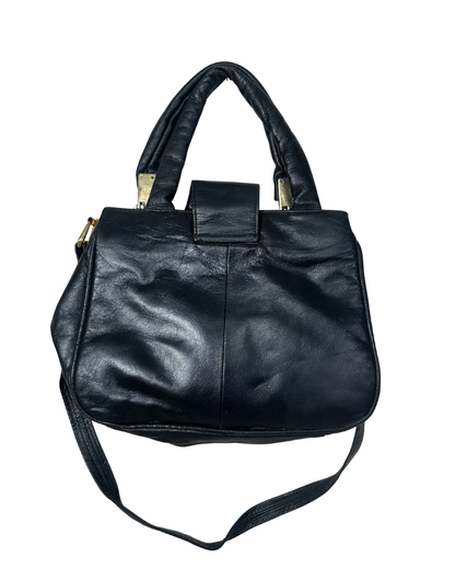 Vintage Black Genuine Leather Handbag with Dual Handles & Shoulder Strap
