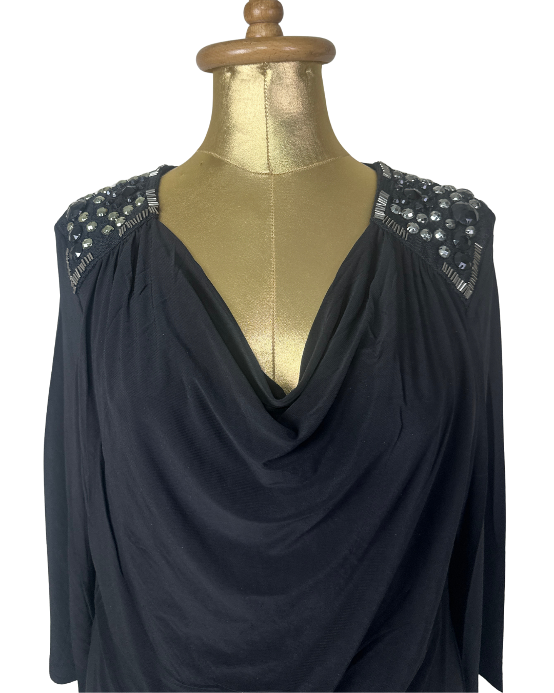 CC Black Draped Cowl Neck Top with Beaded Shoulders