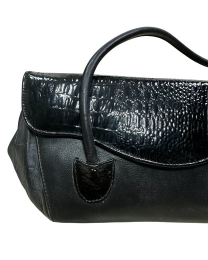 Vintage Genuine Leather Croc-Detail Baguette Bag
