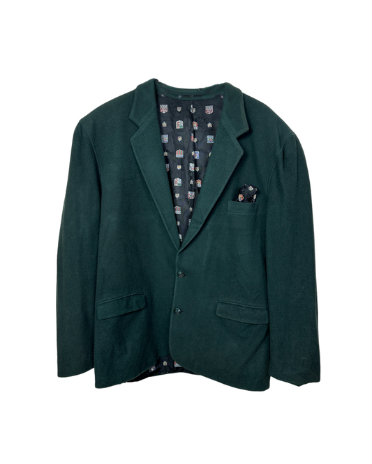 Vintage Dark Green Blazer with Crest Print Lining Large