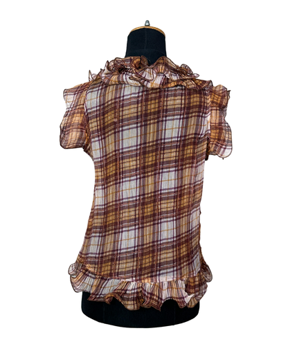 Ruffle Front Plaid Sheer Blouse