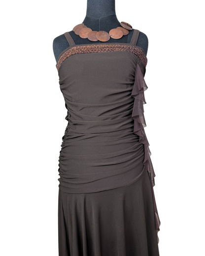 Ruched Brown Midi Dress with Sequin Trim & Ruffle Side Detail