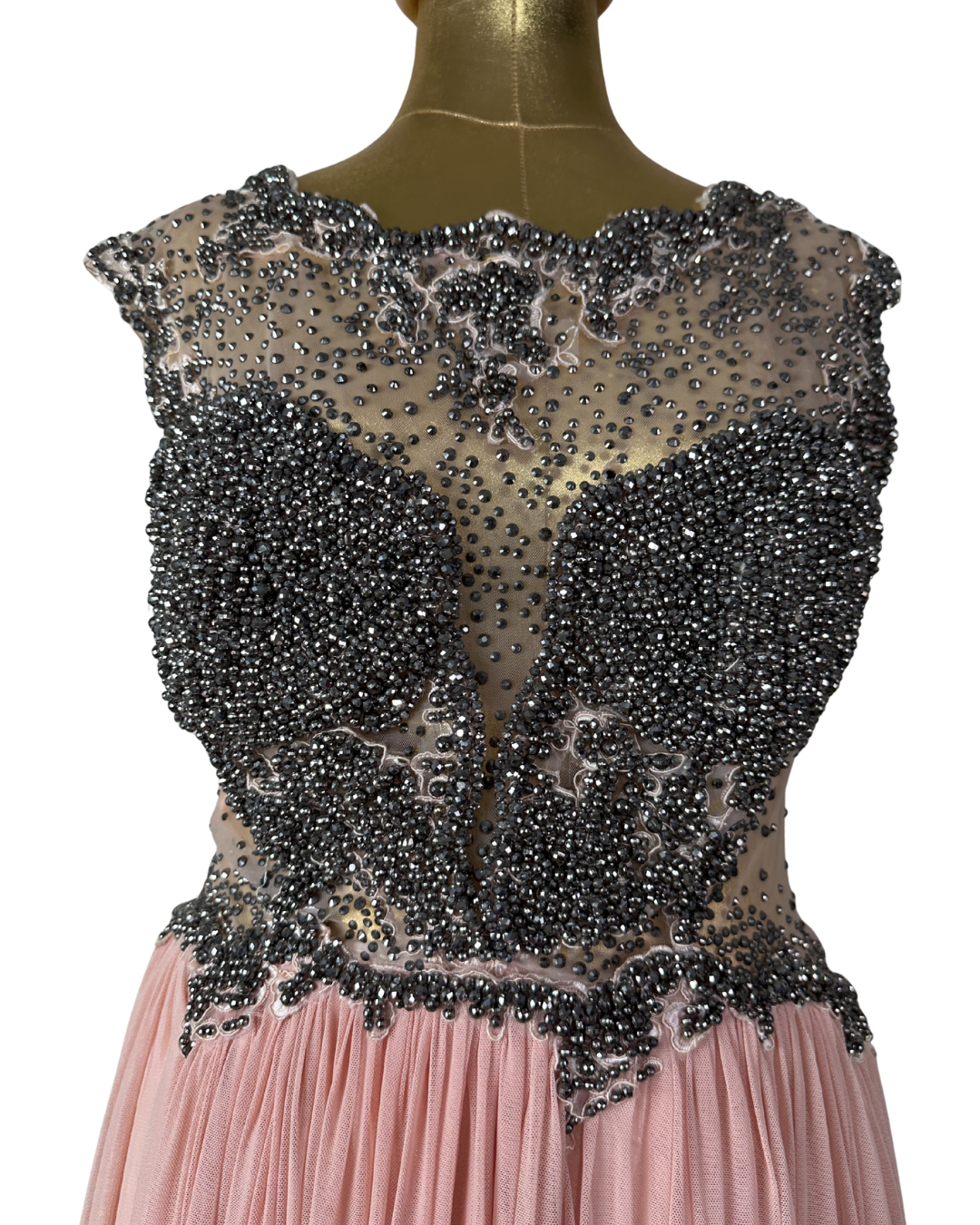 Pink Evening Gown with Sheer Beaded Bodice & Back