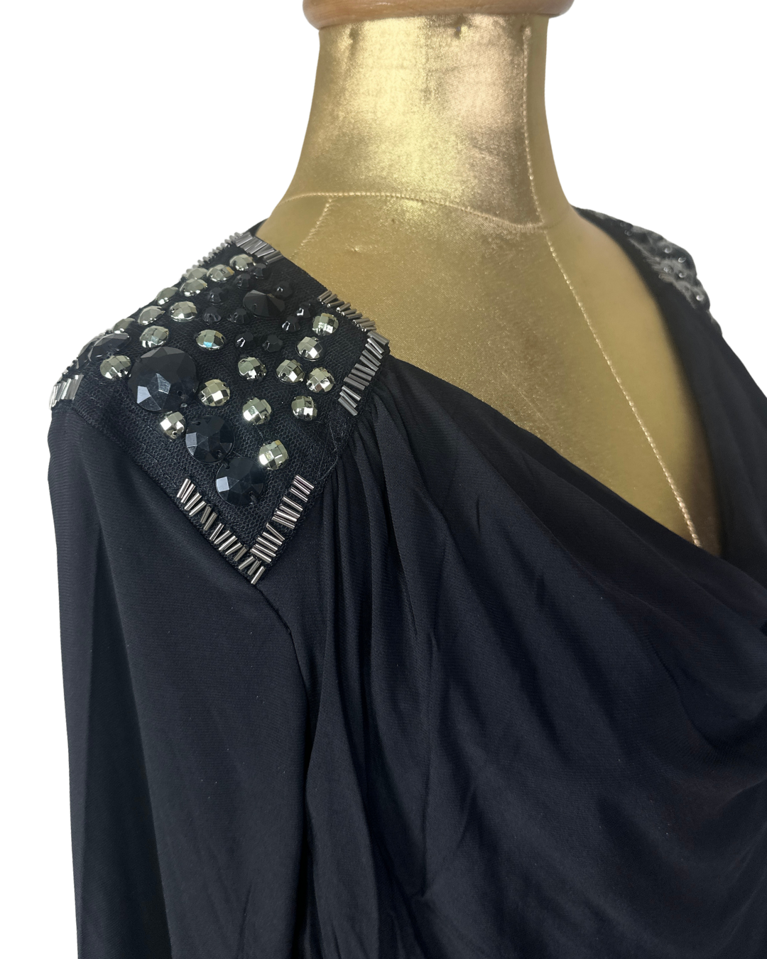 CC Black Draped Cowl Neck Top with Beaded Shoulders