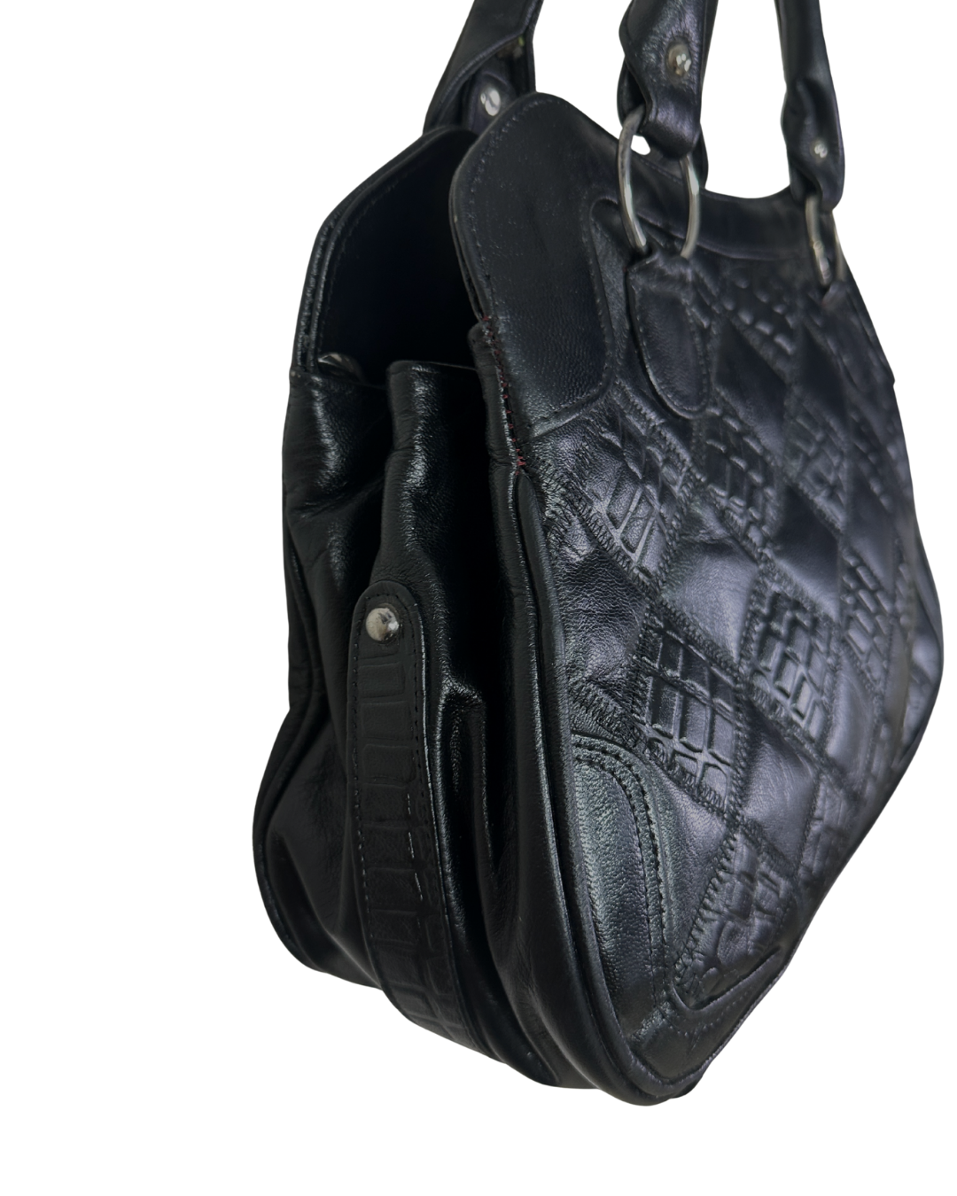 Black textured handbag on a white background