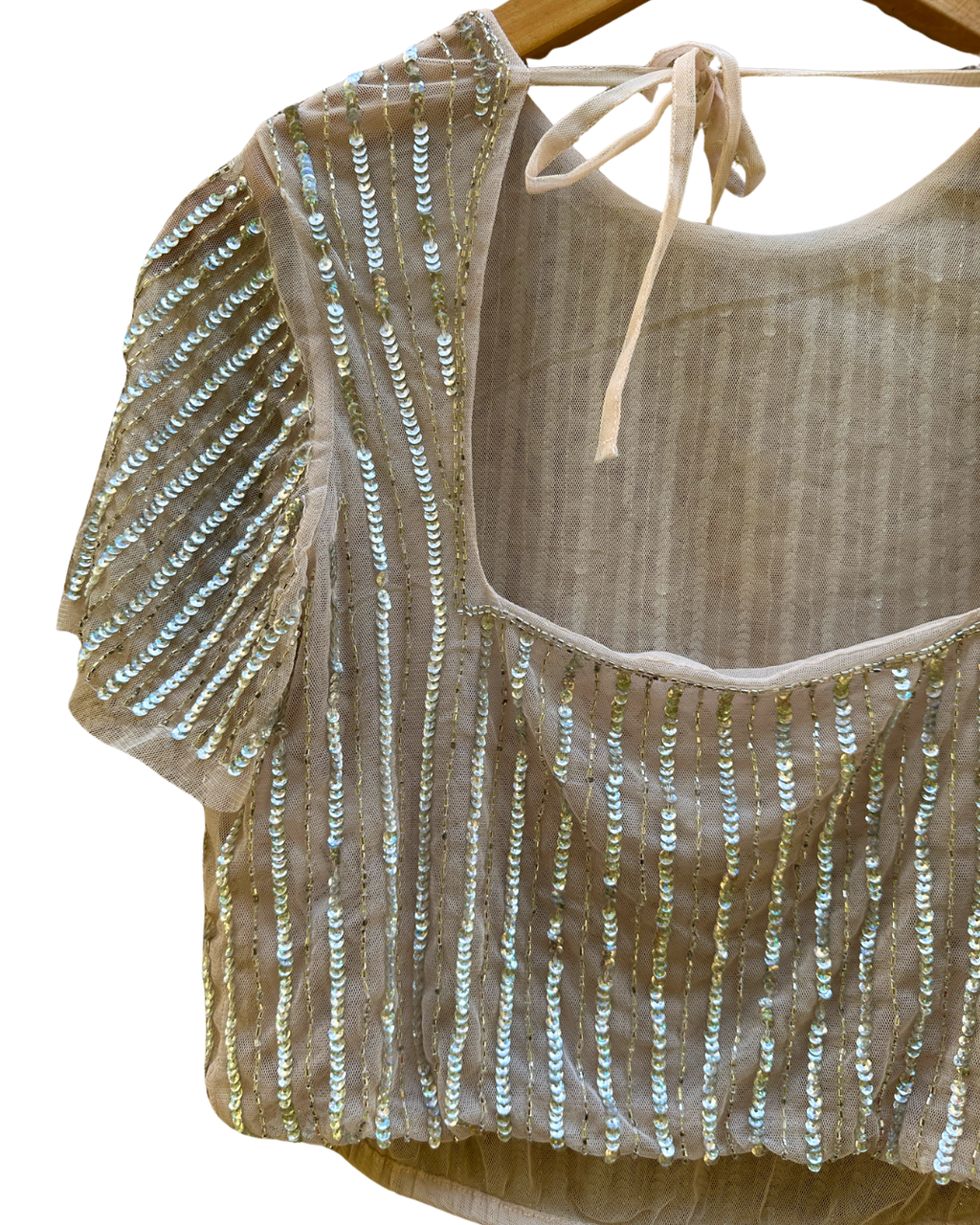 Tulle Sheer Sequinned & Beaded Open Back Crop Top