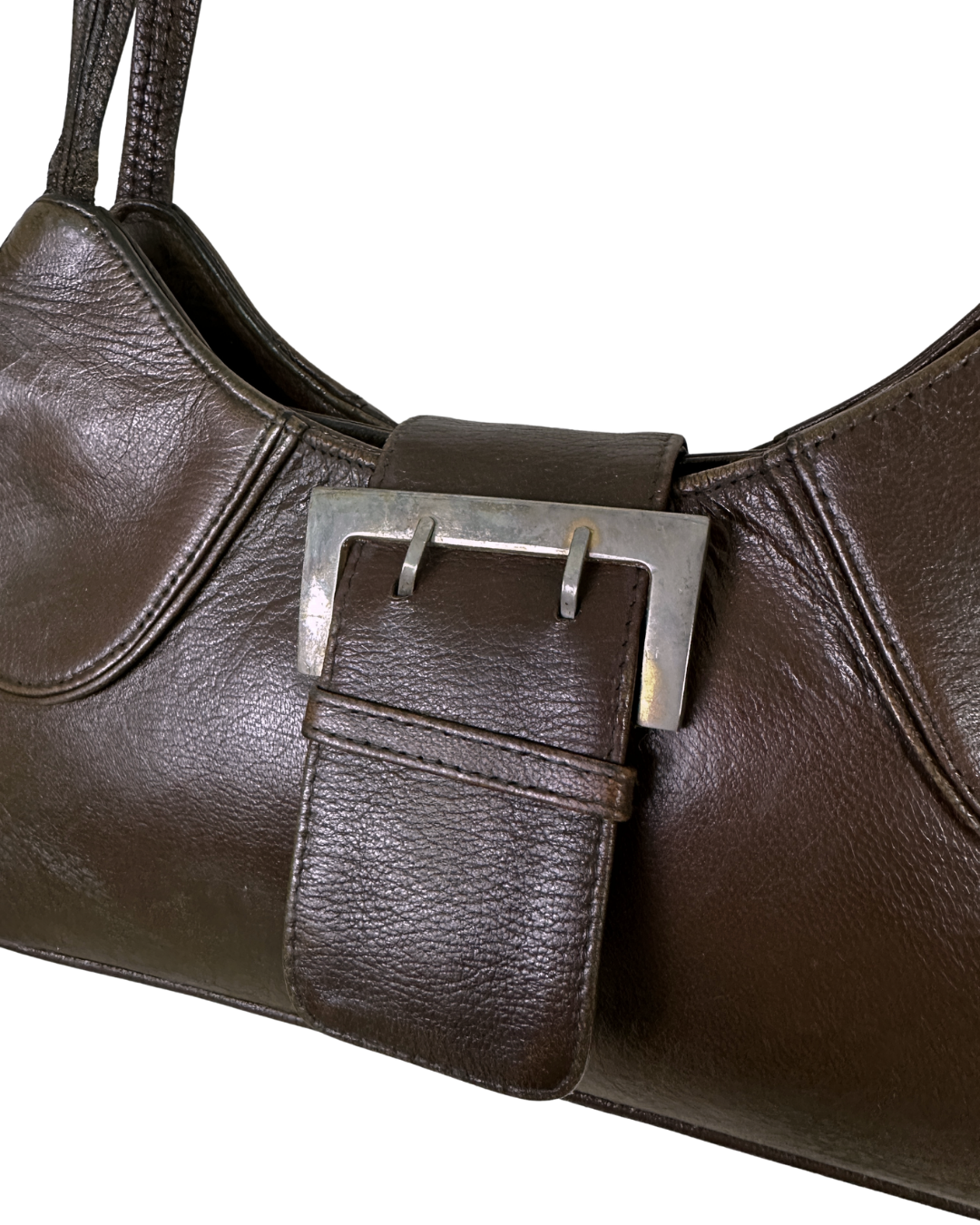 90s Style Chocolate Brown Genuine Leather Baguette Bag